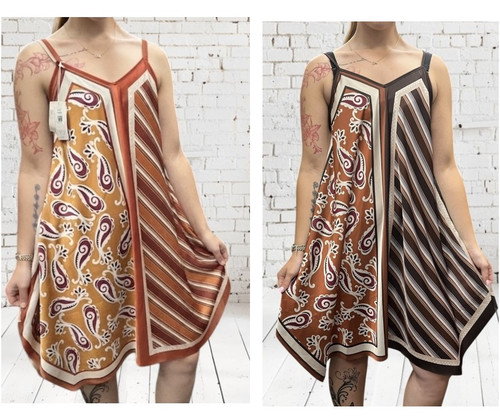 One Size Silk Blend Scarf Print Strappy Dress With Hanky Hem  - Rust Or Brown Fits UK 8-14