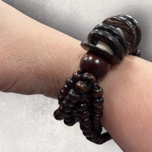 Boho Dark Brown Wooden Stretchy Multi Strand Bead & Disc Bracelet