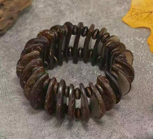 Boho Dark Brown Wooden Semi Circle & Bead Stretchy Bracelet