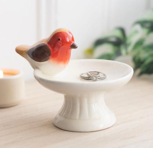 Remembrance Robin On Bird Bath Sentiment Ceramic Trinket Dish