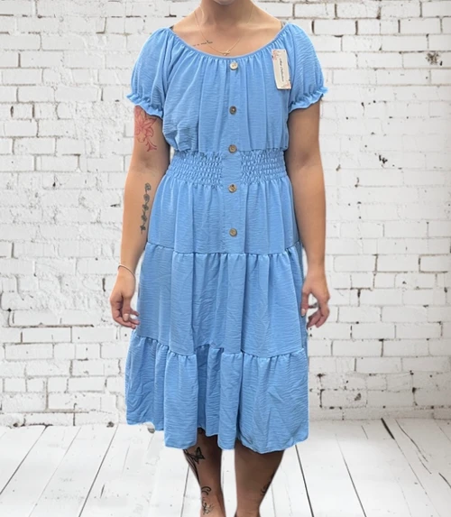 Made In Italy Sky Blue Bardot Shirred Waist Midi Magic Dress - One Size Fits UK 10-20