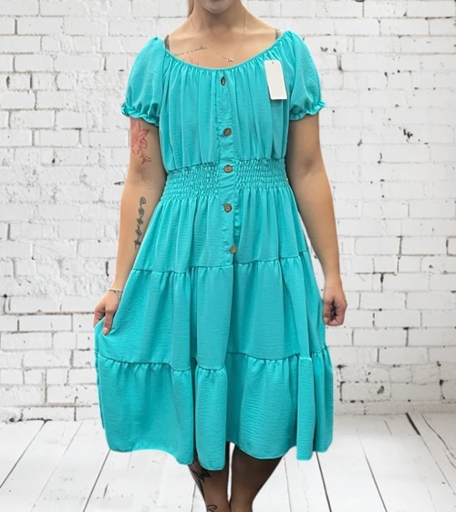 Made In Italy Turquoise Bardot Shirred Waist Midi Magic Dress - One Size Fits UK 10-20