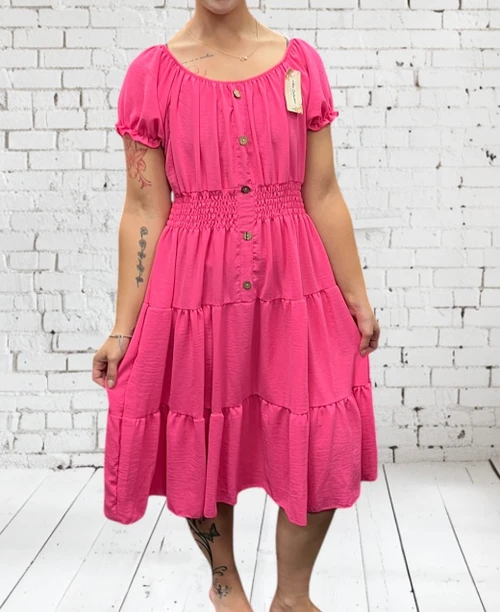 Made In Italy Fuchsia Pink Bardot Shirred Waist Midi Magic Dress - One Size Fits UK 10-20
