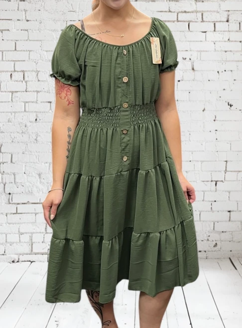 Made In Italy Khaki Green Bardot Shirred Waist Midi Magic Dress - One Size Fits UK 10-20