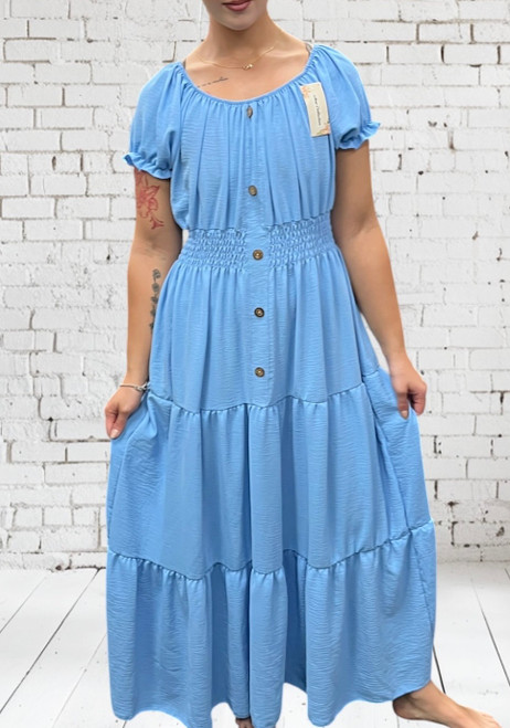 Made In Italy Sky Blue Bardot Shirred Waist Maxi Magic Dress - One Size Fits UK 10-20
