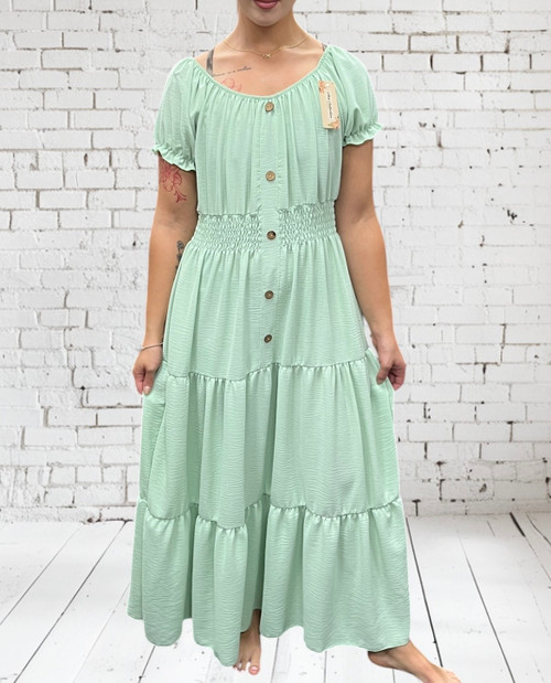 Made In Italy Mint Green Bardot Shirred Waist Maxi Magic Dress - One Size Fits UK 10-20