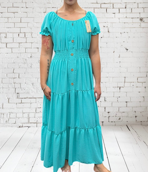 Made In Italy Turquoise Bardot Shirred Waist Maxi Magic Dress - One Size Fits UK 10-20