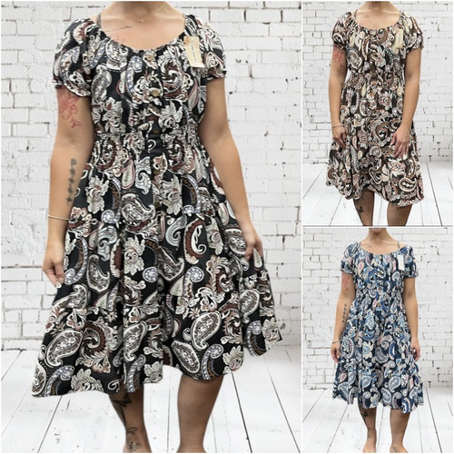 Paisley Print Bardot Or Scoop Midi Length Magic Dress  One Size Fits 10-22 Black, Brown Or Navy