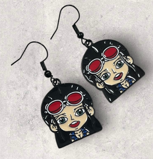 Black alloy metal enamelled Nico Robin inspired charms on black alloy ear wires 