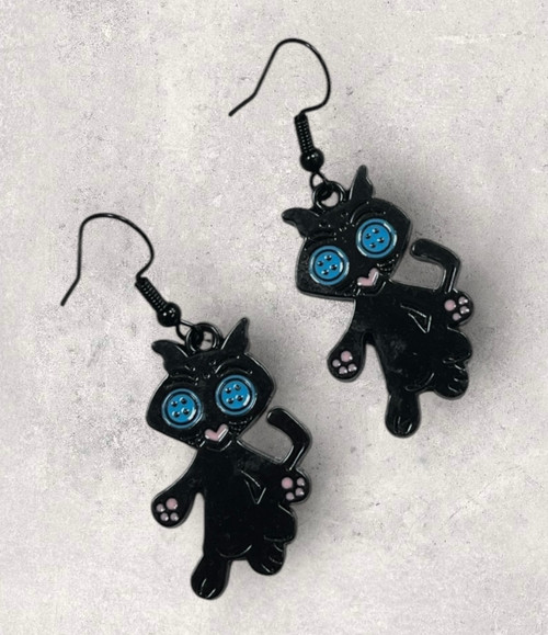 Button Eyed Black Cat  Coraline Inspired Black Alloy & Enamel Drop Dangly Earrings 