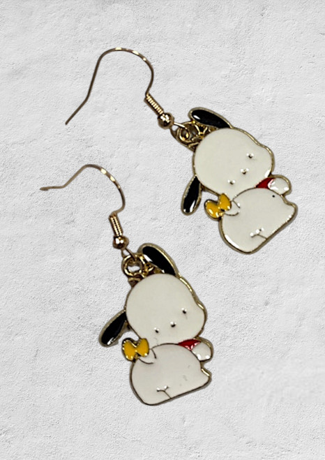 Pochacco Sanrio Inspired Floppy Earred Puppy Dog Gold Alloy & Enamel Drop Dangly Earrings