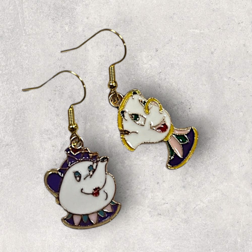 Mrs Potts & Chip Inspired Enamel Odd Drop Dangly Gold Alloy Earrings