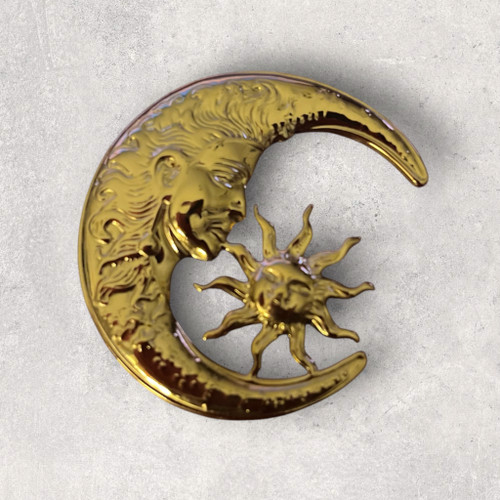 Large Hammered Gold Moon & Sun With Faces Stainless Steel Brooch