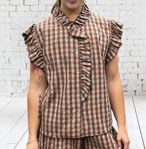 Diverse Italian Brown Rust Gingham Check Short Sleeved Ruffle Trim Blouse One Size Fits UK 8-14