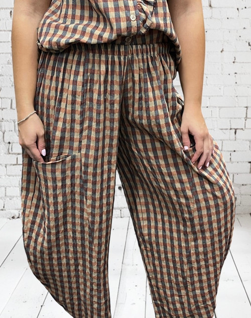 Diverse Italian Brown Rust Mix Gingham Check Barrel Leg Trousers Pants One Size Fits UK 8-14