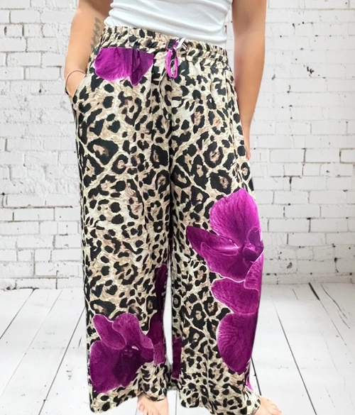 Diverse Italian Leopard Print Purple Flower Print Wide Leg Trousers
