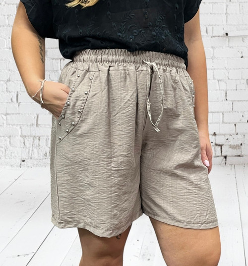 Made In Italy Beige Stud Pocket Shorts One Size Fits UK 8-14