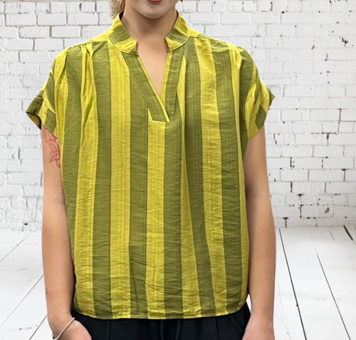 Toscana Moda Two Tone Green Striped Neru Collar V Neck Smock Top - One Size Fits UK 8-14
