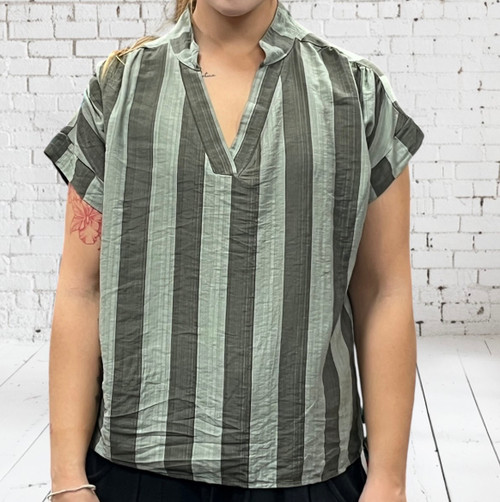 Toscana Moda Two Tone  Khaki Green Striped Neru Collar V Neck Smock Top - One Size Fits UK 8-14