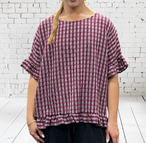 New Collection Plum Mix Gingham Check Smock Top W Ruffle Hem One Size Fits 10-18