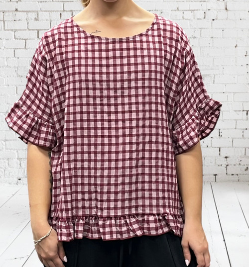 New Collection Wine & Mauve Mix Gingham Check Smock Top W Ruffle Hem One Size Fits 10-18