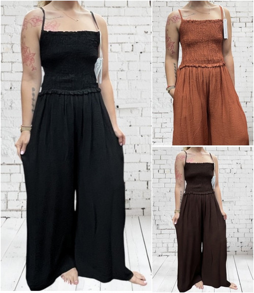 Diverse Italian One Size Shirred Top Strappy Wide Leg Jumpsuit One Size Fits UK 8-14 Brown,  Rust Or Black