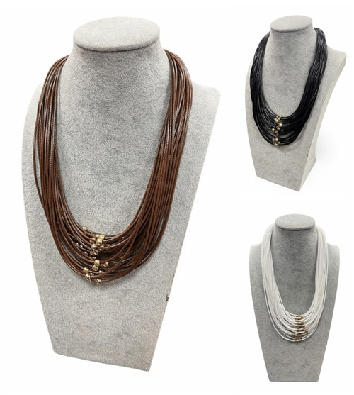 PU Faux Leather Multi Strand Gold Beaded Necklace - White, Brown & Black