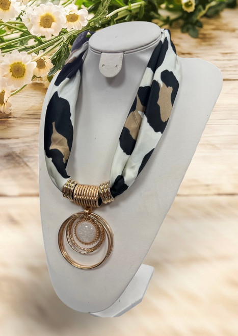 Statement On Trend Large White Leopard Print & Gold Deco Avant Garde Layered Discs Satin Scarf Necklace