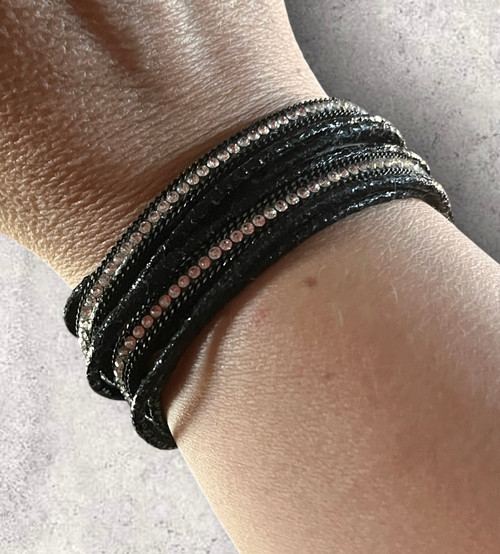Black Metallic Leather Multi Strand Wrap Round Bracelet With Zip & Crystal Embellishment  (Wrap 1)