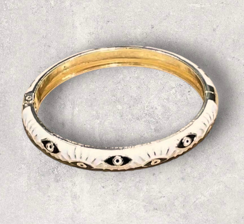 Evil Eye Cloisonné Style Enamel & Gold Alloy White Hinged Bangle
