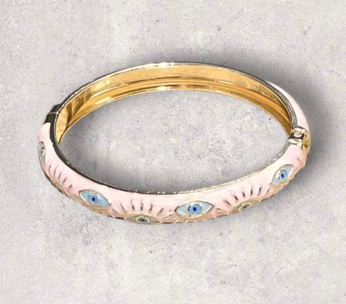 Evil Eye Cloisonné Style Enamel & Gold Alloy Pale Pink Hinged Bangle