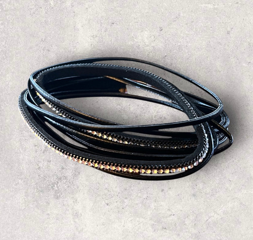Black Flat Leather Multi Strand Wrap Round Bracelet With Zip & Crystal Embellishment (Wrap 2)