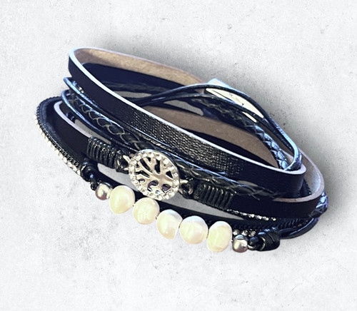 Tree Of Life & Pearl Black Leather Multi Strand Wrap Round Bracelet With Zip & Crystal Embellishment (Wrap 3)