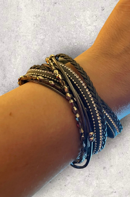 Grey Leather Crystal & Beaded Multi Strand Wraparound Bracelet (Wrap 5)