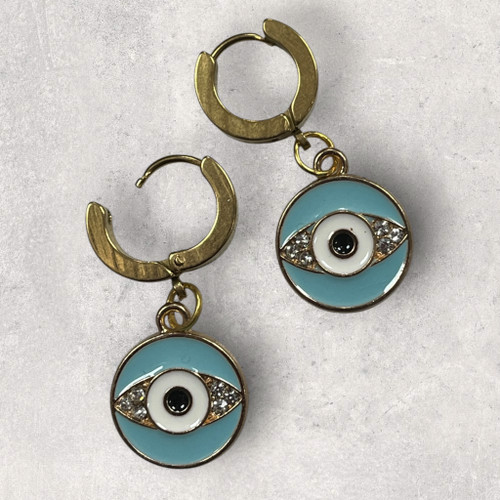Evil Eye Pale Blue Enamel & Crystal Thick Gold Huggie Earrings