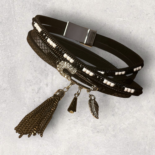 Black Leather Multi Strand Wraparound Bracelet With Safety Pin & Feather Charms (Wrap 8)