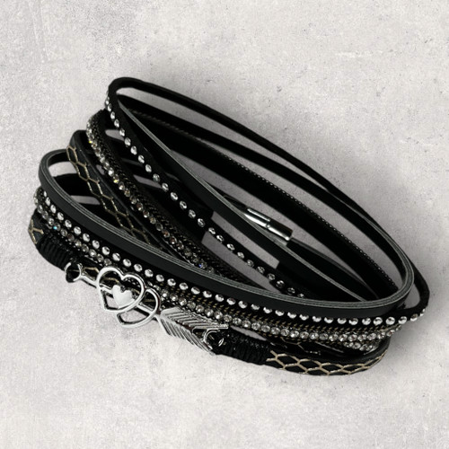 Twin Heart Arrow Charm Black Leather Stud & Crystal Embellished Wraparound Multi Strand Bracelet (Wrap 12)