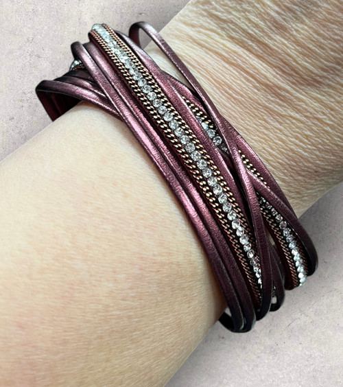 Merlot Dark Red  Leather Multi Strand Crystal Embellished Wraparound Bracelet (Wrap 13)