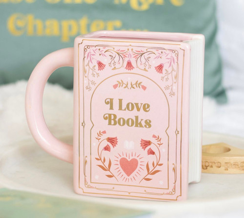 I LOVE BOOKS PINK BOOK SHAPED CERAMIC MUG