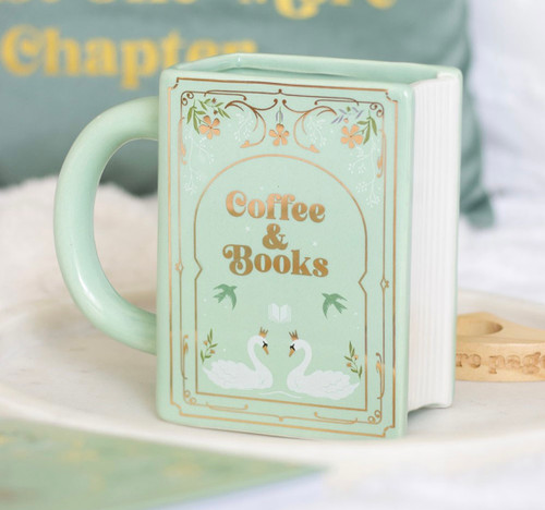 COFFEE AND BOOKS GREEN BOOK SHAPED CERAMIC MUG
