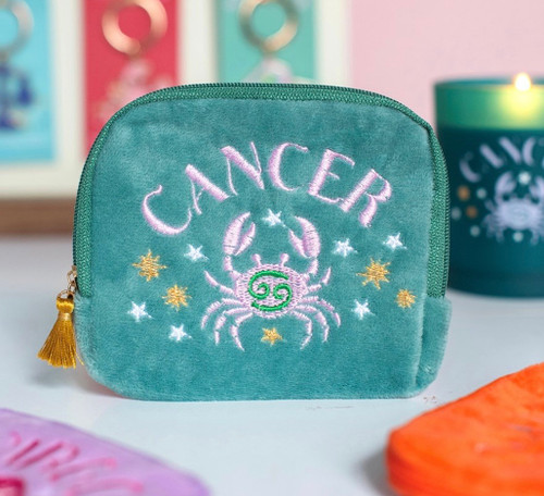 Zodiac Zest Cancer Star Sign Embroidered Teal Green Velvet Purse / Pouch