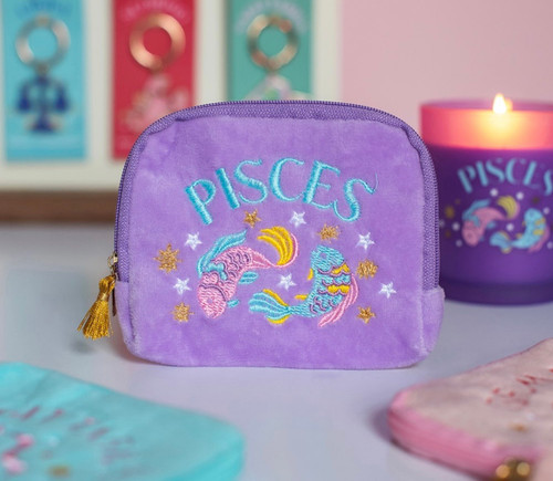 Zodiac Zest Pisces Star Sign Mauve Purple Embroidered Velvet Purse / Pouch