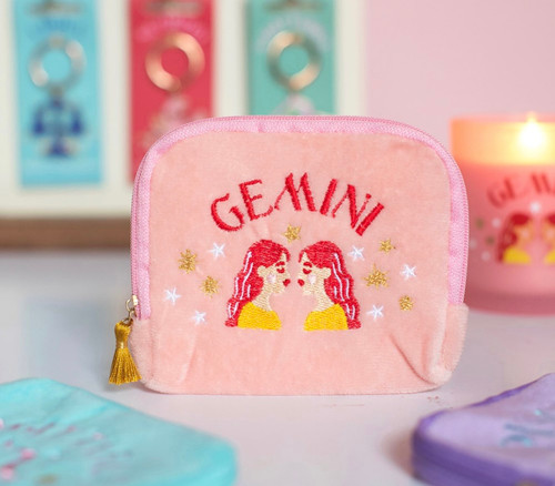Zodiac Zest Gemini Star Sign Pink Embroidered Velvet Purse / Pouch