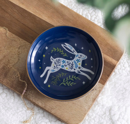 Solstice Spell Leaping Hare Midnight Blue Ceramic Trinket Dish 