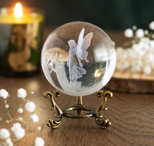 Stardust Fairy Engraved  Centre Crystal Ball On Ornate Antique Gold Stand