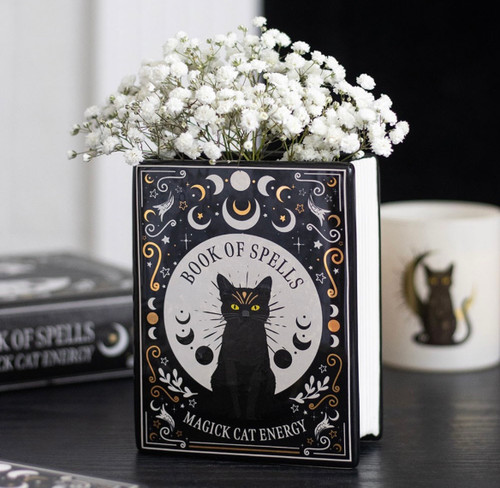 Black Cat Magick Spell Book Ceramic Vase