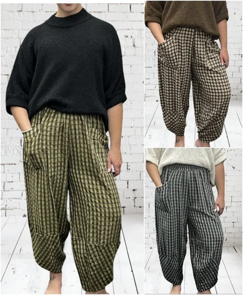 Made In Italy Textured Check Shelby Cocoon Tulip Cuff 7/8 Pants - One Size Fits UK 10-18