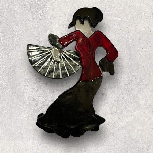 Flamenco Dancer Red & Grey Acrylic Large Statement Brooch