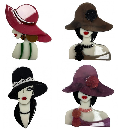 Art Deco Ladies With Floppy Wide Brim Hat Large Cute Statement 3D Laser Cut Acrylic Brooch  6cm x 5.5cm