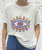'EVIL EYE' Bright neon print embellished white short sleeved oversized t-shirt - Onesize fits UK 10-18